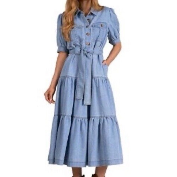 Elan Cotton Denim Tiered Shirt Dress XS Button Front A Line Puff Sleeve Blue - Picture 6 of 8